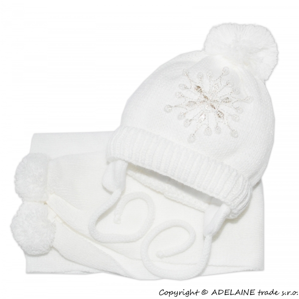 BABY NELLYS Zimní čepička s šálou - Sněhová vločka v bílé
